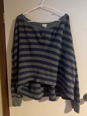 aerie Olive & Navy Striped Waffle Knit Pullover